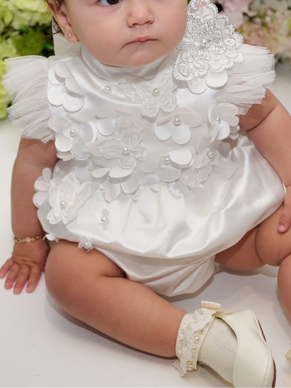 Petite Maisons White Romper Floral Appliqué Baby Romper + Butterfly Hair Clip